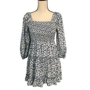 Pink Lily Teal Blue Floral Squareneck Smocked Tiered Dress Sz M Cottagecore Midi